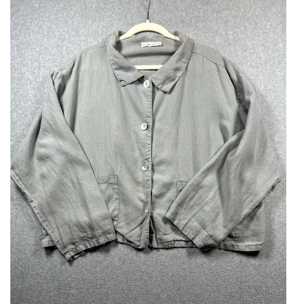Bryn Walker Linen Cropped Shirt Jacket Shacket Women's Small Green/Gray